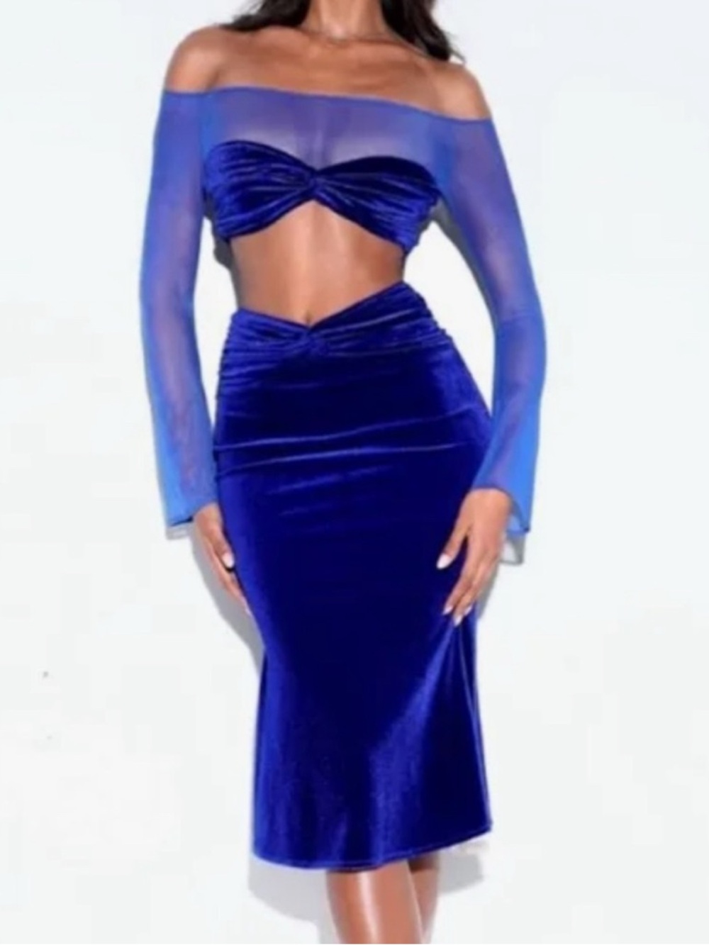 Brucie Off-Shoulder Cobalt Blue Velvet Midi Dress set